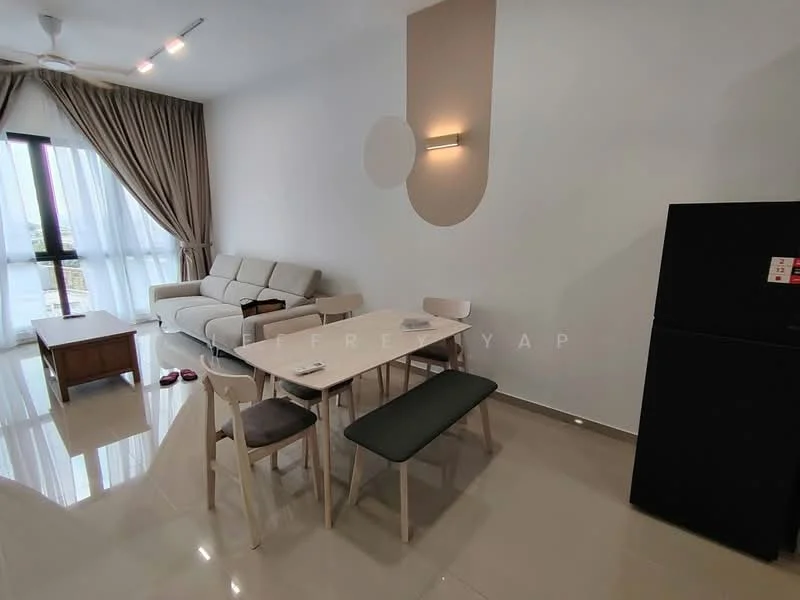 Living features: 3-seater fabric sofa in light grey, coffee table, 4-seater dining table with white chairs, green upholstered bench, black refrigerator, floor-to-ceiling windows, curtains, ceiling fan with light, glossy tile flooring, wall-mounted light fixture, decorative wall with beige accent; style: modern; view: city.