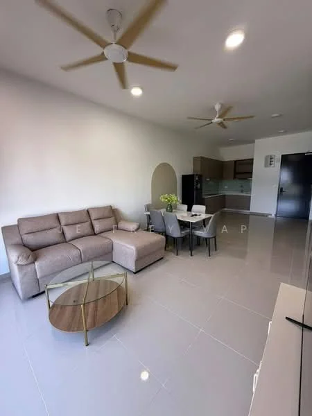 Living features: 3-seater fabric sofa in beige, L-shape sectional sofa, glass coffee table with wooden base, ceiling fan, recessed downlights, wall-mounted TV, TV console, dining table for 4, kitchen area visible in background, grey tiled flooring, white painted walls; style: modern.