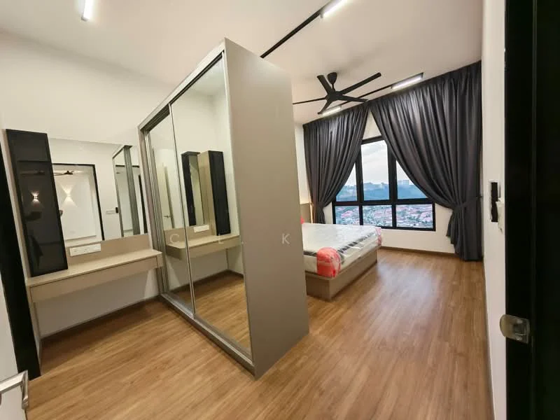 Bedroom features: king-size bed, upholstered headboard, floor-to-ceiling windows, grey curtains, 5-blade ceiling fan with light, wooden flooring, built-in wardrobe with mirrored doors, dressing table with mirror, decorative wall lighting; style: modern; view: city.