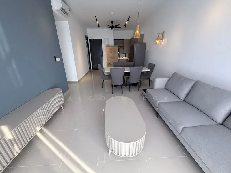 Living features: grey fabric sofa, round coffee table with striped design, dining table for six, upholstered dining chairs, wall-mounted air conditioning unit, ceiling fan, light fixture, light grey walls, glossy tile flooring, open layout to kitchen, decorative wall with dark blue accent; style: modern. Kitchen features: kitchen cabinetry, countertop, appliances in boxes, open layout to living area; style: modern.