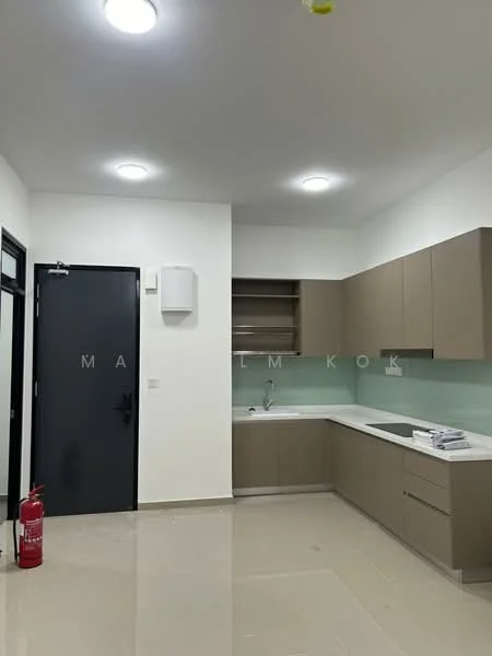 Kitchen features: brown flat-panel cabinetry, white countertop, single-bowl stainless-steel sink, chrome pull-down faucet, green glass backsplash, built-in wall-mounted air conditioning unit, recessed LED downlights, fire extinguisher, tile flooring, open shelving, door to hallway; style: modern.
