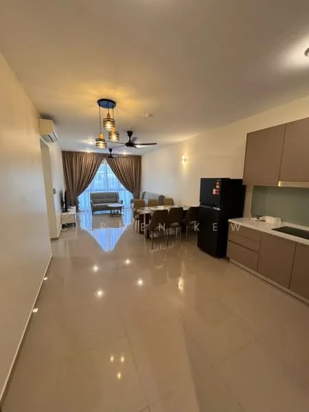 Living features: cream painted walls, polished tile flooring, 5-blade ceiling fan with light, sofa set in beige, dining table for 6, TV console, floor-to-ceiling windows, curtains, recessed downlights, kitchenette with countertop, black refrigerator, white cabinetry; style: modern.