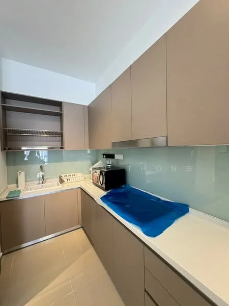 Kitchen features: brown cabinetry, white countertop, stainless-steel sink, chrome pull-down faucet, built-in oven, microwave, glass backsplash, ceramic tile flooring, open shelving, under-cabinet lighting; style: modern.