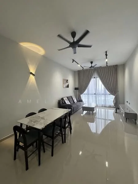Living features: grey fabric sofa, 3-seater sofa, marble dining table, black dining chairs, recessed downlights, 2-blade ceiling fan, large floor-to-ceiling windows, sheer curtains, polished tile flooring, decorative wall lighting, TV console, wall-mounted TV; style: modern; view: city.