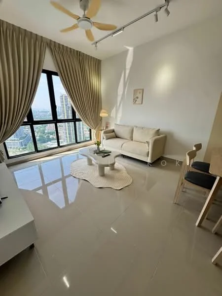 Living features: cream fabric sofa, coffee table, area rug with organic shape, floor-to-ceiling windows, sheer curtains, light wood dining table, light wood dining chair, ceiling fan with light, polished tile flooring, decorative lamp, wall-mounted artwork; style: modern; view: city.