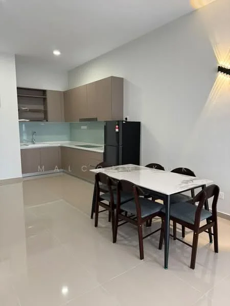 Kitchen features: brown cabinetry, white countertop, stainless-steel fridge, built-in oven, ceramic tile flooring, white backsplash, single-bowl stainless-steel sink, chrome pull-down faucet, open shelving, recessed downlights; style: modern. Dining features: 6-seater dining table, wooden dining chairs, grey upholstered seats; style: modern.