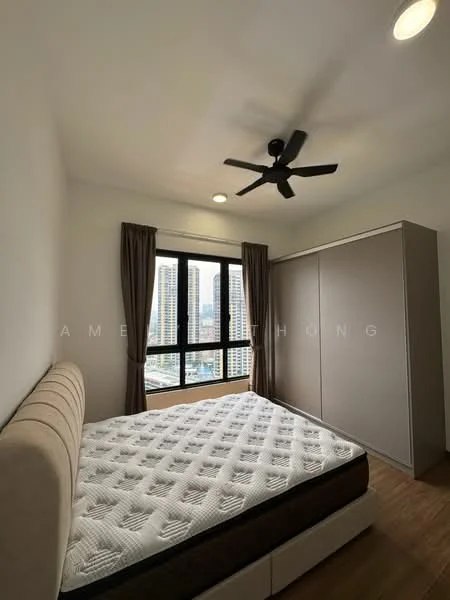 Bedroom features: queen-size bed, upholstered headboard, ceiling fan, floor-to-ceiling windows, curtains, built-in wardrobe, wooden flooring, city view; style: modern; view: city.