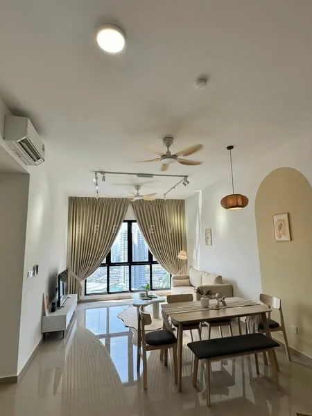 Living features: floor-to-ceiling windows, sheer curtains, 3-blade ceiling fan, recessed LED downlights, wall-mounted TV, light wood dining table, upholstered dining chairs, bench seating, cream painted walls, polished tile flooring, decorative pendant light, sofa with cushions, decorative artwork on wall; style: modern; view: city.