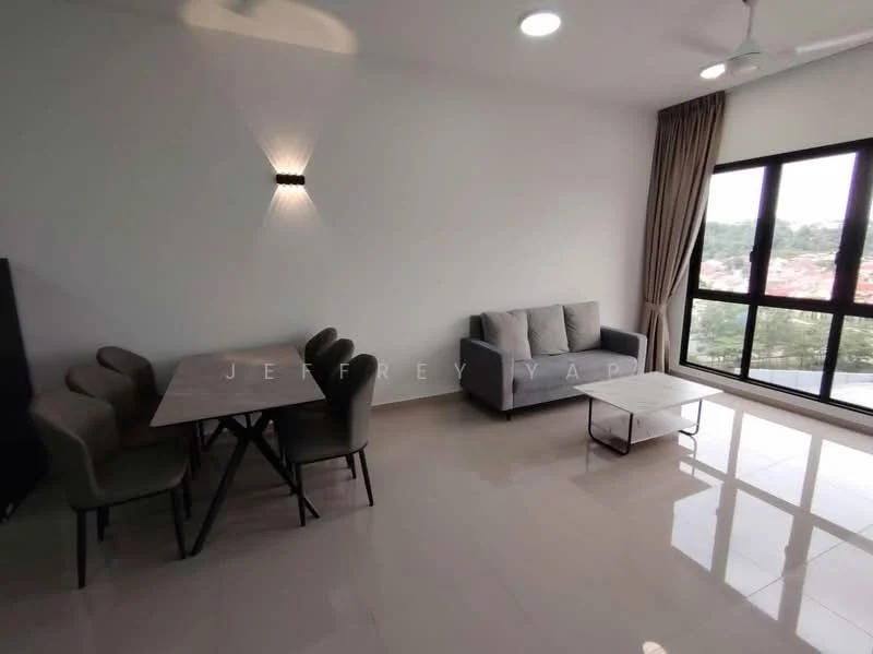 Living features: grey fabric sofa, coffee table, 6-seater dining table, upholstered dining chairs, large windows with black frames, curtains, recessed ceiling lights, polished tile flooring, ceiling fan; style: modern; view: city.