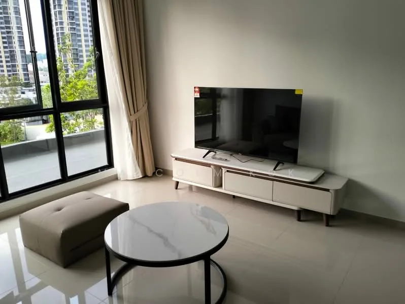 Living features: large flat-screen TV on console, TV console with drawers, round marble coffee table, beige ottoman, floor-to-ceiling windows, sheer curtains, light-colored walls, glossy tile flooring, view of outdoor greenery; style: modern; view: garden.