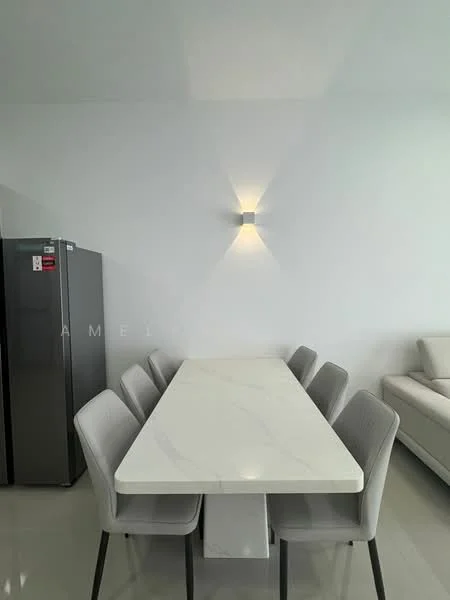Dining features: white marble dining table, 6 upholstered dining chairs in grey, stainless-steel fridge, white painted walls, polished tile flooring, wall-mounted sconce lighting; style: modern.