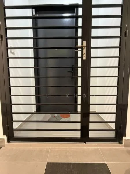 Room features: black metal security gate, dark wooden door, grey tiled flooring, white painted walls, door handle, door lock, doormat; style: modern.