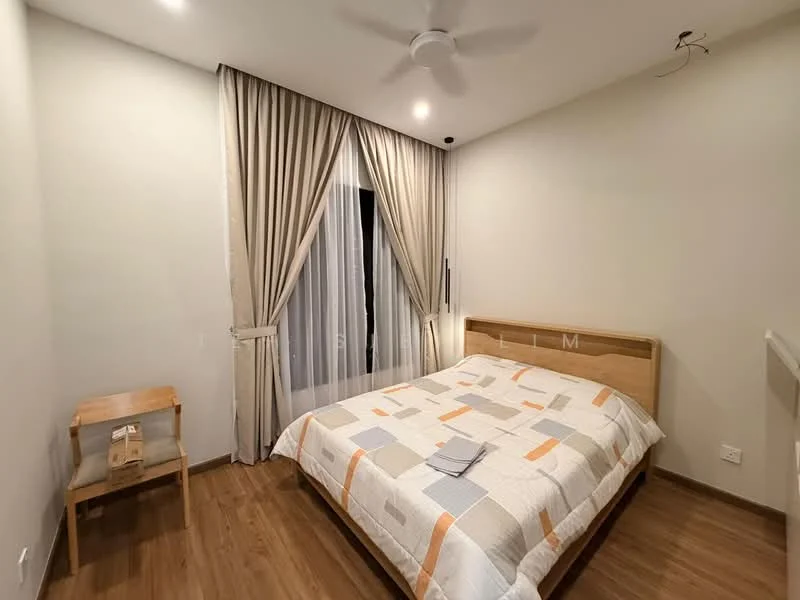 Bedroom features: queen-size bed with patterned bedding, wooden bed frame, wooden bedside table, floor-to-ceiling windows with sheer curtains, drapes in light beige, light wood laminate flooring, ceiling fan, wall-mounted light fixture, decorative wall with minimal decor; style: modern.