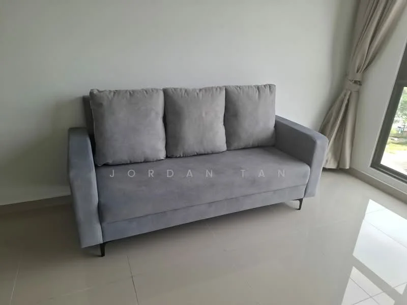 Living features: 3-seater fabric sofa in grey, light-coloured walls, large floor-to-ceiling windows, curtains in neutral tone, glossy tile flooring, minimalist decor; style: modern; view: garden.