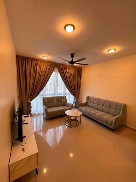 Living features: grey fabric 3-seater sofa, beige fabric 2-seater sofa, round coffee table, wall-mounted TV, cream painted walls, glossy tile flooring, ceiling fan with light, curtains in beige, large window with natural light; style: modern.