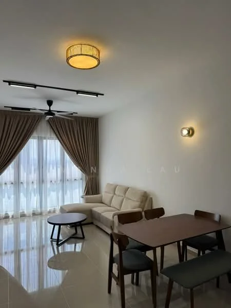 Living features: beige fabric sofa, round coffee table, 4-seater dining table, wood dining chairs, floor-to-ceiling windows, sheer curtains, recessed LED downlights, 5-blade ceiling fan, light fixture with fabric shade, glossy tile flooring, neutral painted walls; style: modern; view: city.