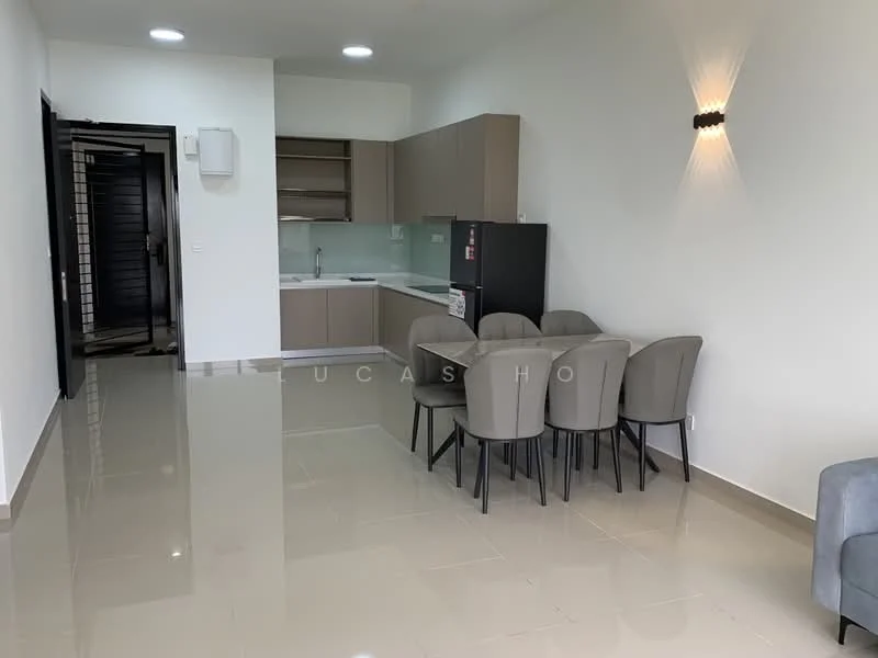 Living features: glossy tile flooring, white painted walls, recessed downlights, kitchenette with upper cabinets, glass backsplash, stainless-steel sink, built-in refrigerator, 4-seater dining table with upholstered chairs, sofa, open layout; style: modern.