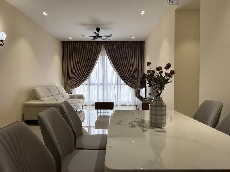 Living features: 3-seater fabric sofa in white, coffee table, floor-to-ceiling windows, sheer curtains, drapes in brown, recessed downlights, ceiling fan, marble flooring, decorative vase with flowers, TV console; style: modern; view: city. Dining features: 6-seater dining table with marble top, upholstered dining chairs in light grey, decorative vase with flowers; style: modern.