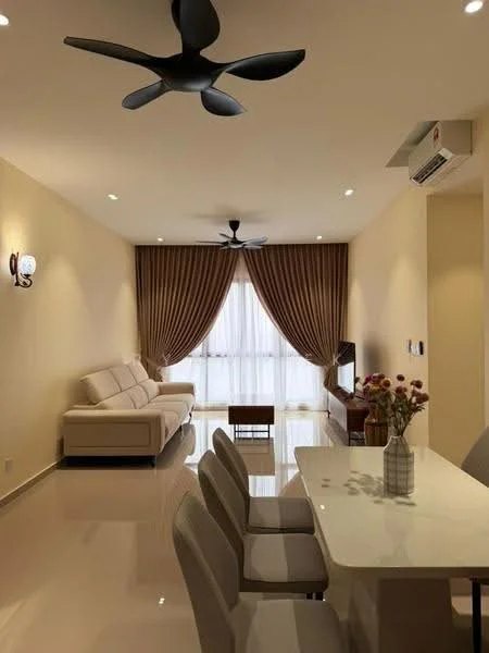 Living features: 3-seater fabric sofa in cream, coffee table, TV console, wall-mounted TV, area rug, 5-blade ceiling fan with light, recessed downlights, floor-to-ceiling windows with sheer curtains, cream painted walls, glossy tile flooring, decorative wall sconce; style: modern. Dining features: 6-seater dining table with white marble top, upholstered dining chairs in grey, vase with flowers, wall-mounted air conditioning unit; style: modern.