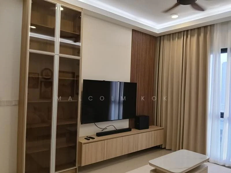 Living features: wall-mounted TV, wooden TV console, glass-front display cabinet, light-colored wooden cabinetry, recessed ceiling lights, ceiling fan, floor-to-ceiling curtains, neutral-colored walls, light-colored flooring, wood accent wall; style: modern.