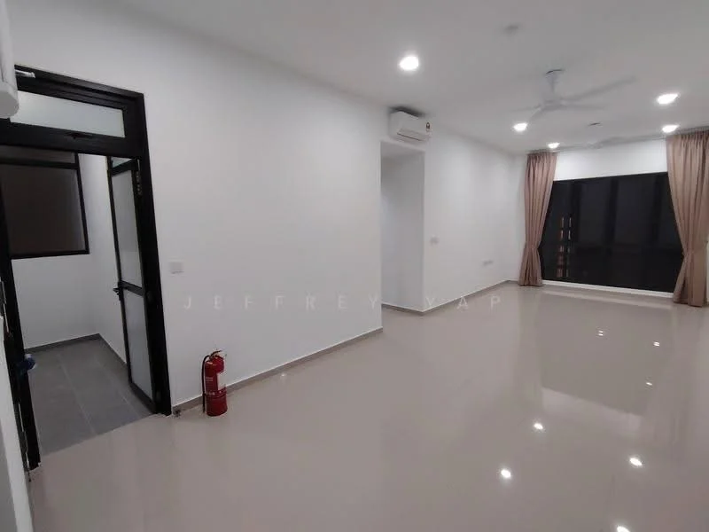 Living features: white painted walls, polished ceramic tile flooring, 5-blade ceiling fan with light, floor-to-ceiling windows, sheer curtains, recessed downlights, fire extinguisher, air conditioning unit; style: modern. Room features: white painted walls, polished ceramic tile flooring, door leading to another room.