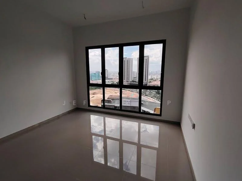 Room features: large floor-to-ceiling windows, grey tiled flooring, white painted walls, city skyline view, natural light, minimalist design, no visible furniture, smooth ceiling; style: modern; view: city.