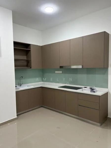 Kitchen features: brown flat-panel cabinets, white countertop, stainless-steel sink, chrome pull-down faucet, glass backsplash, built-in oven, cooktop, open shelving, recessed ceiling lights, tile flooring; style: modern.