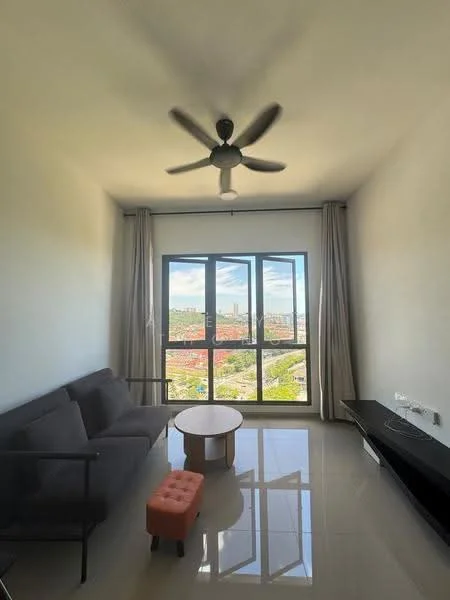Living features: 3-seater fabric sofa in grey, round coffee table, ceiling fan, floor-to-ceiling windows, sheer curtains, glossy tile flooring, TV console, orange ottoman; style: modern; view: city.
