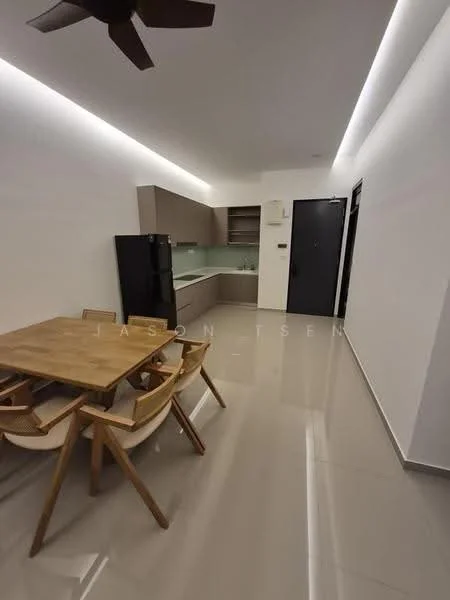 Dining features: dining table with wooden surface, 4 wooden dining chairs, kitchen cabinetry in light brown, black refrigerator, green backsplash, white walls, glossy tile flooring, recessed LED lighting, ceiling fan with 5 blades, open layout to kitchen, countertop with sink, wall-mounted storage shelves; style: modern.