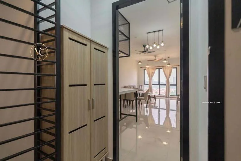 Room features: white painted walls, glossy tile flooring, wooden storage cabinet, black metal railing, ceiling fan with light, large windows with sheer curtains, dining table with chairs, open layout, natural light from windows; style: modern; view: city.
