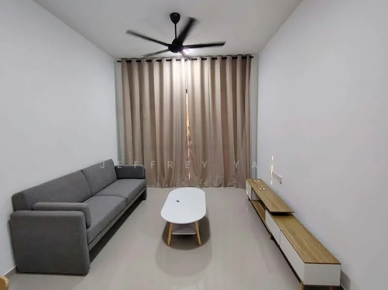 Living features: 3-seater fabric sofa in grey, white coffee table with wooden legs, TV console with drawers, light grey walls, cream curtains, ceiling fan with light, glossy tile flooring, natural light from window; style: modern.