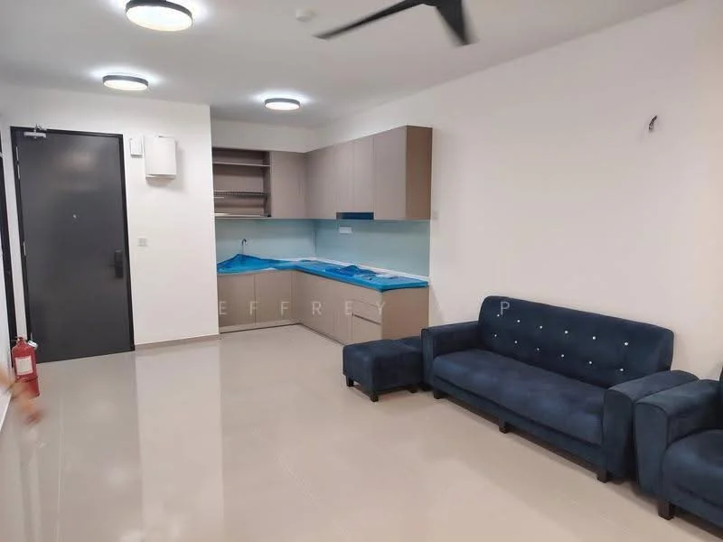 Living features: blue fabric sofa, single armchair, wall-mounted TV, kitchenette with cabinets, light blue countertop, recessed ceiling lights, ceiling fan, fire extinguisher, white painted walls, glossy tile flooring; style: modern.