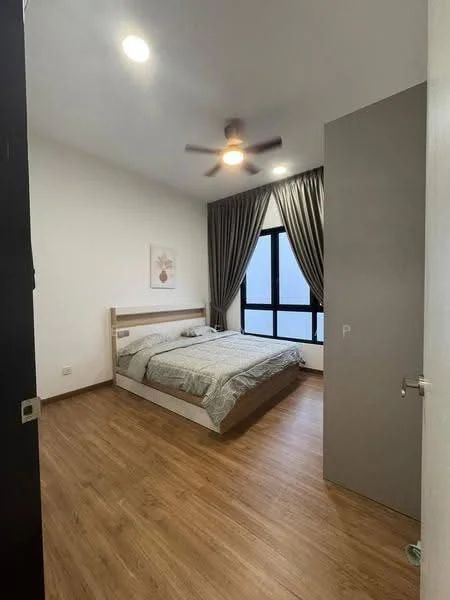 Bedroom features: queen-size bed, upholstered headboard, bedside lamps, wooden flooring, ceiling fan with light, floor-to-ceiling windows, grey curtains, framed artwork on wall; style: modern.