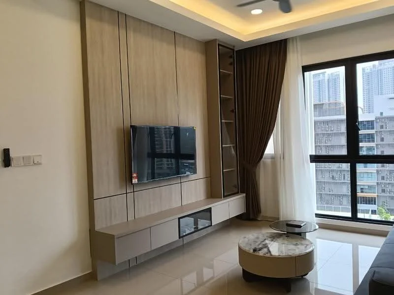 Living features: light wood feature wall, built-in TV console with storage, marble coffee table, large windows with sheer curtains, recessed ceiling lights, ceiling fan, glossy tiled flooring, neutral wall color; style: modern; view: city.
