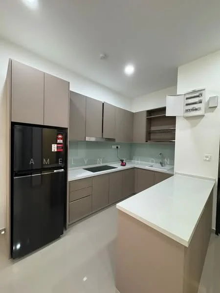 Kitchen features: black fridge, built-in oven, white quartz countertop, light brown cabinetry, glass backsplash, single-bowl stainless-steel sink, chrome pull-down faucet, induction hob, open shelving, recessed downlights, tile flooring; style: modern.