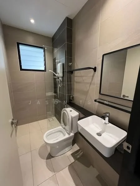 Bathroom features: white wall-mounted sink, chrome basin mixer faucet, white one-piece toilet, walk-in shower with glass enclosure, rain shower head, handheld shower, grey tile flooring, beige wall tiles, black countertop, framed mirror, window with louvered glass, towel rail; style: modern.