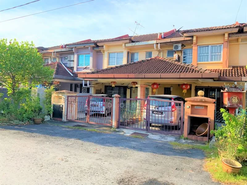 Exterior type: linked terrace house; features: two-storey building, cream painted facade, red tiled roof, front porch with gate, two visible cars parked, manicured lawn, potted plants, decorative lanterns, brick mailbox, driveway with interlocking pavers; style: modern.
