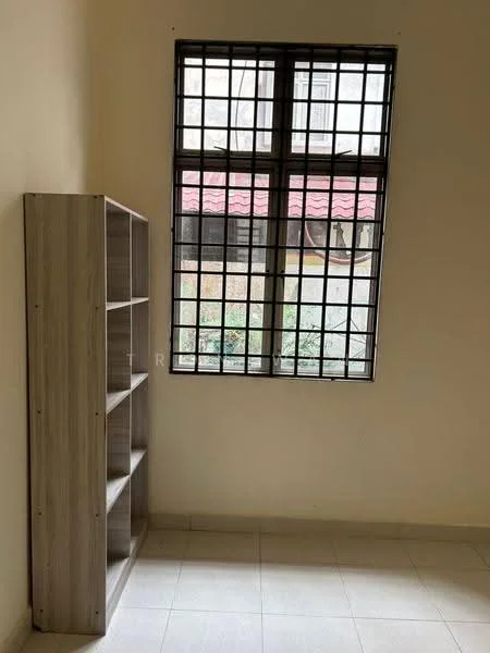 Room features: light-colored painted walls, tile flooring, window with metal grille, built-in shelving unit in light wood finish, view of outdoor area; style: minimalist; view: garden.