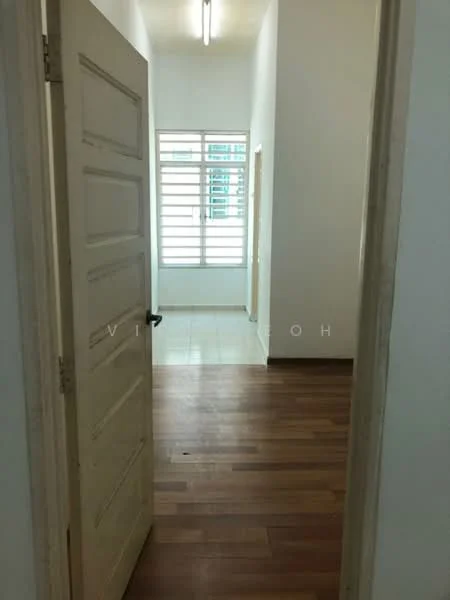 Room features: white painted walls, wooden flooring, floor-to-ceiling windows, door with panel design, light fixture on ceiling, neutral color scheme; style: modern.