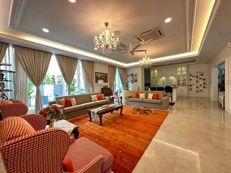 Living features: 3-seater fabric sofa in beige, 2-seater fabric sofa in beige, accent chairs with red and white pattern, coffee table with wooden legs, area rug in orange, chandelier with multiple bulbs, recessed downlights, ceiling fan with light, floor-to-ceiling windows with sheer curtains, wall-mounted artwork, decorative plants, built-in cabinetry, marble flooring; style: modern; view: garden.