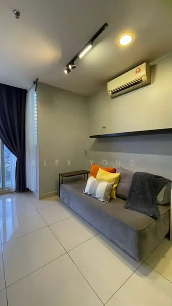 Living features: grey fabric sofa, decorative cushions in orange and white, wall-mounted air conditioning unit, recessed ceiling lights, floor-to-ceiling windows with sheer curtains, white tiled flooring, shelf mounted on wall, dark wood side table; style: modern; view: city.