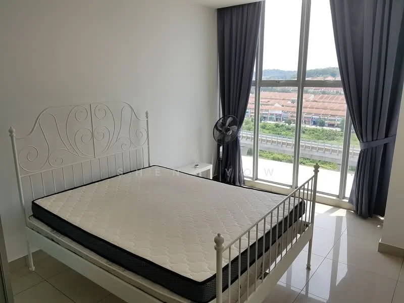 Bedroom features: white metal bed frame, mattress without bedding, floor-to-ceiling windows, grey curtains, wall-mounted ceiling fan, white painted walls, glossy tile flooring, view of surrounding area; style: modern; view: garden.
