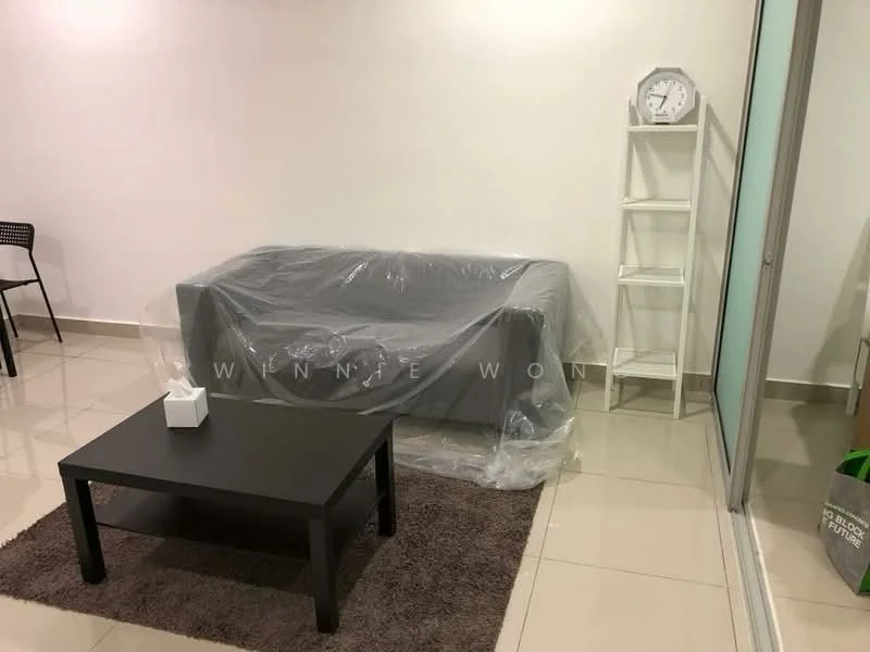 Living features: grey sofa covered in plastic, black coffee table, area rug in brown, white wall clock, white shelving unit, ceramic plant pot, glossy floor tiles, floor-to-ceiling glass door; style: modern.