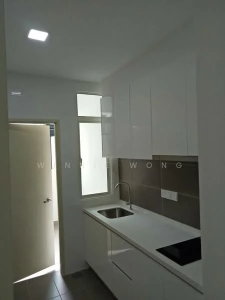 Kitchen features: white cabinetry, stainless-steel sink, chrome pull-down faucet, white countertop, grey tiled backsplash, built-in stove, under-cabinet lighting, window above sink, grey floor tiles, door leading to hallway; style: modern.