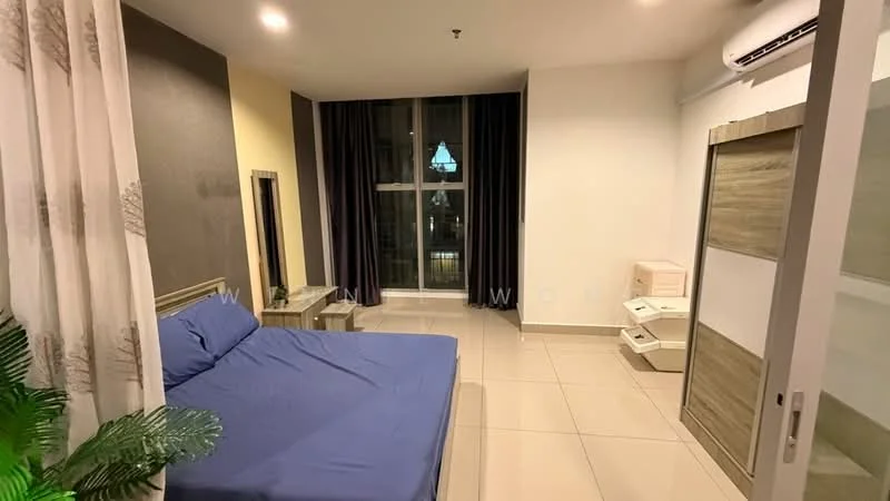 Bedroom features: queen-size bed with blue bedding, floor-to-ceiling windows, dark curtains, light-colored walls, grey accent wall, tile flooring, air conditioning unit, side table, built-in wardrobe, decorative plant; style: modern; view: city.