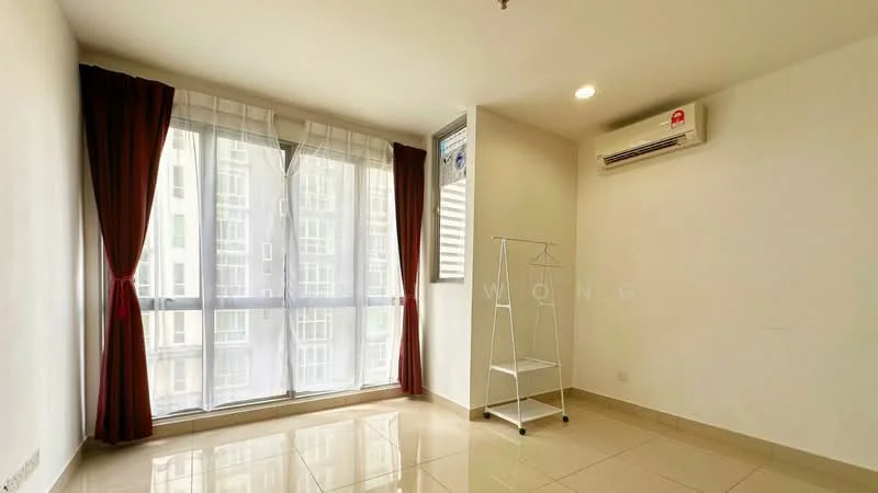 Room features: white painted walls, glossy tile flooring, floor-to-ceiling windows, sheer curtains, red curtains, 1 wall-mounted split AC, ceiling light, clothes rack; style: modern; view: city.