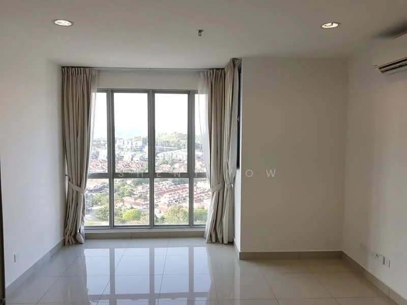 Room features: large floor-to-ceiling windows, white painted walls, light-colored tile flooring, curtains, air conditioning unit, city view, recessed lighting; style: modern; view: city.