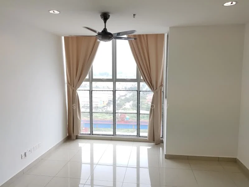 Living features: floor-to-ceiling windows, curtains, 5-blade ceiling fan, white painted walls, glossy ceramic tile flooring, city view, neutral color scheme, recessed downlights; style: modern; view: city.