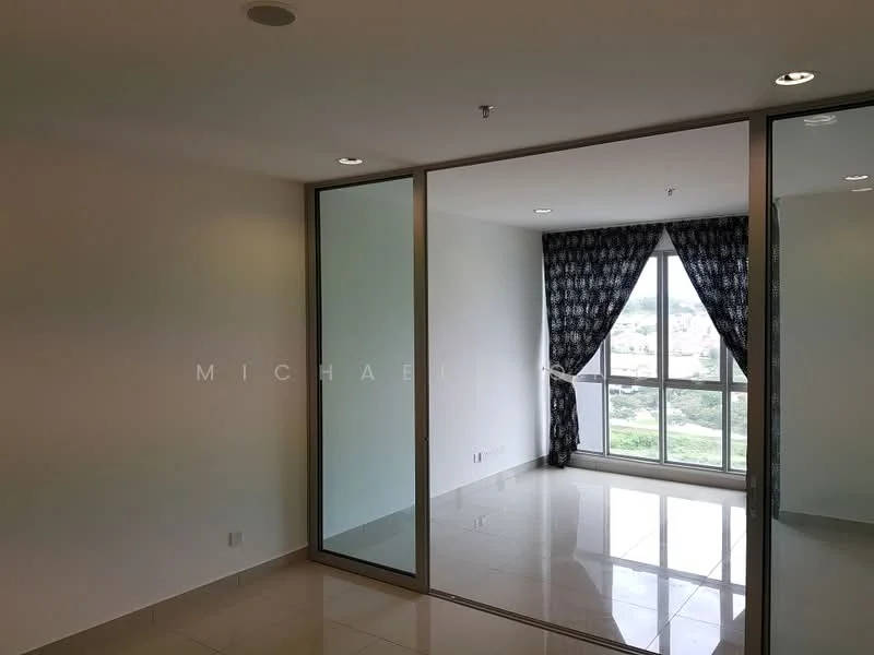 Room features: white painted walls, glossy tile flooring, floor-to-ceiling windows, blackout curtains, glass partition, recessed downlights; style: modern; view: city.