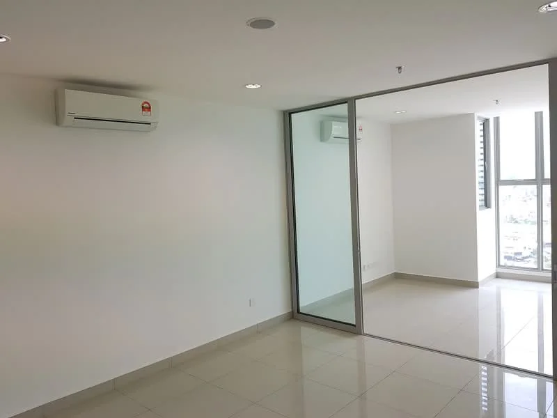 Room features: white painted walls, glossy tile flooring, 1 wall-mounted split AC, large glass windows, natural light, mirror wall, recessed downlights; style: modern; view: city.